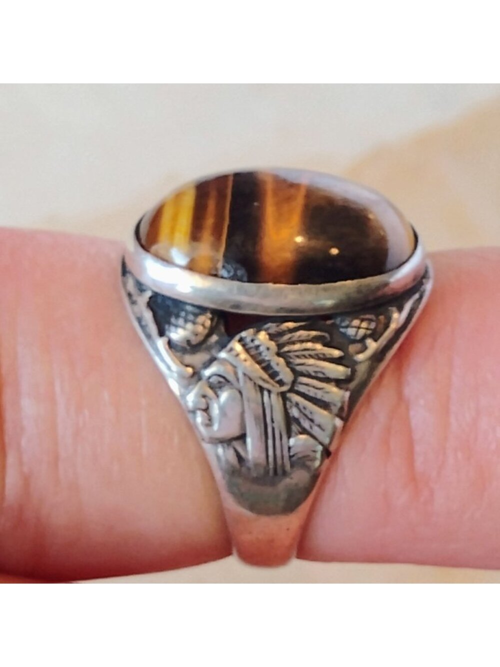 Native Indian Chief Headdress Ring Sterling Silver Tiger's Eye Size 4 3/4